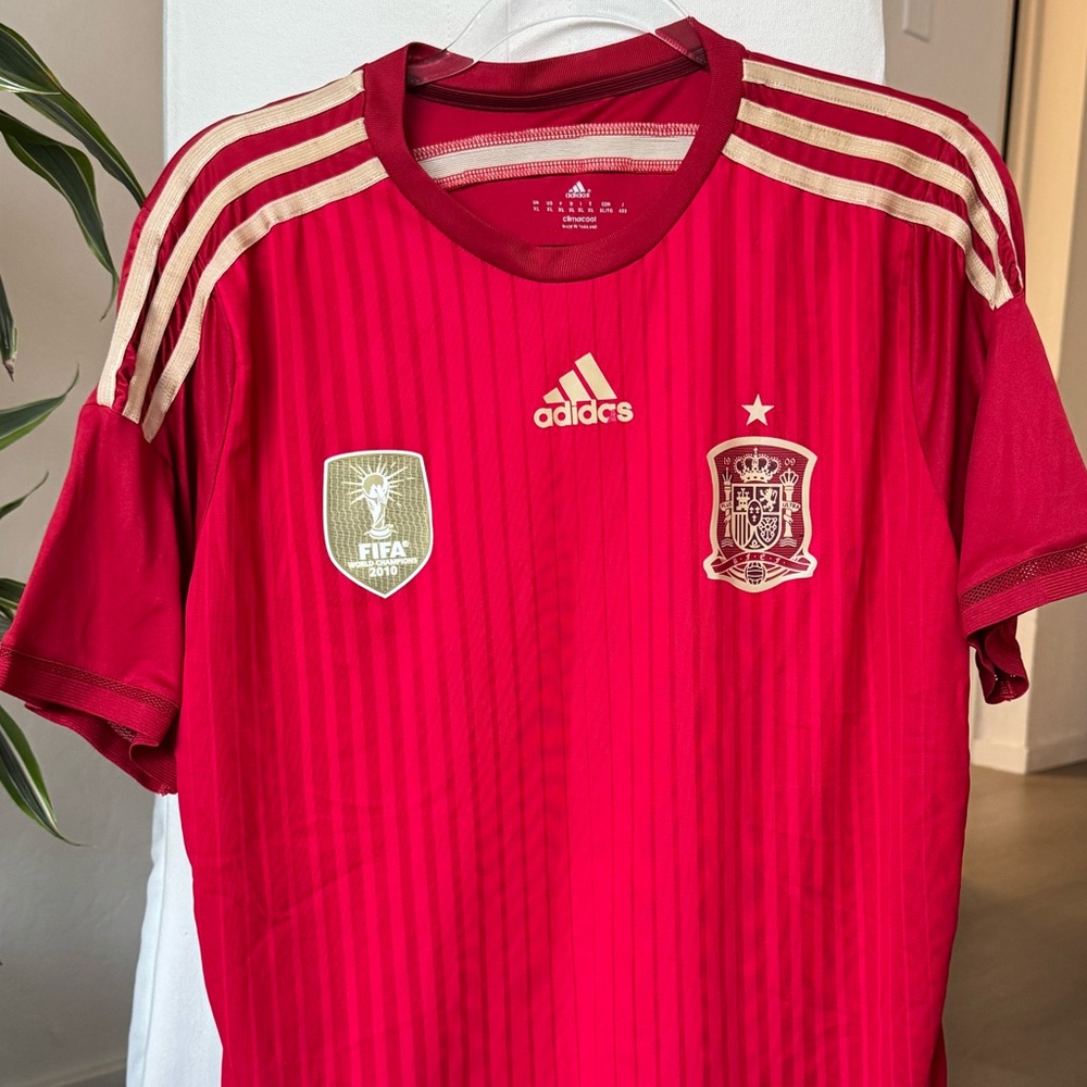 adidas Red Spain National Team Soccer Jersey with Gold Accents